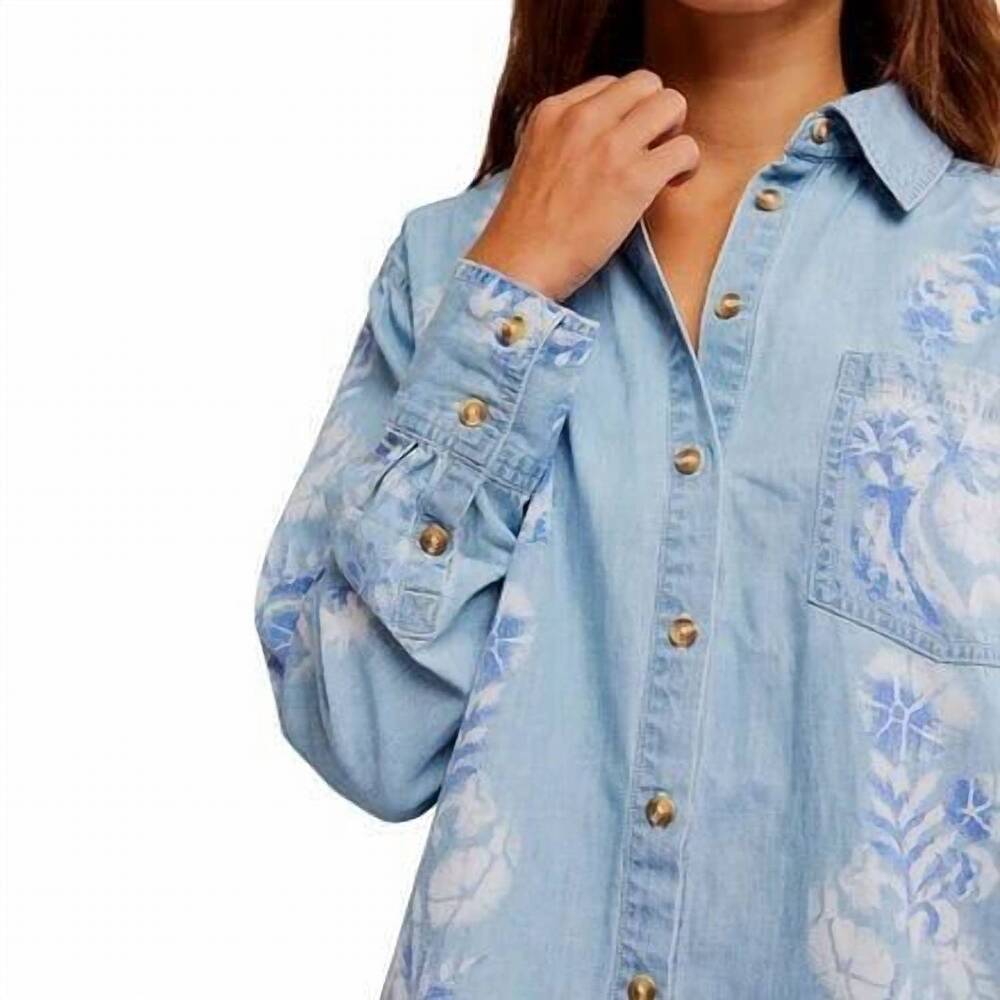 NEW FREE PEOPLE airbrushed blossom denim shirt in sky blue - Picture 5 of 6
